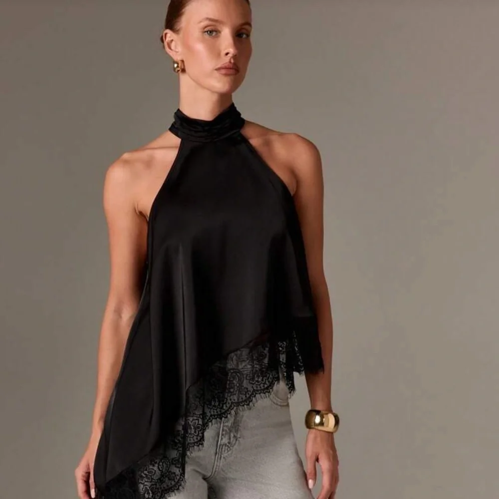 AiiRZ Women Sleeveless High Neck Lace Trim Asymmetric Satin Top Evening - Picture 4 of 4